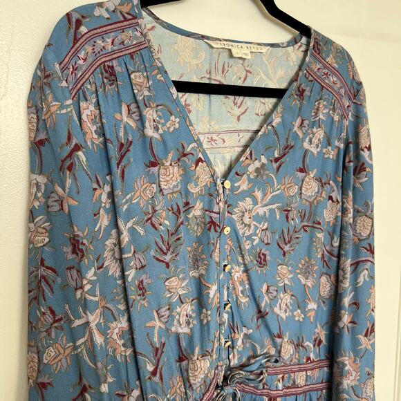 Veronica Beard Blue Floral Boho Peasant Tunic Dress Rayon Tie Waist Romantic - Picture 4 of 14